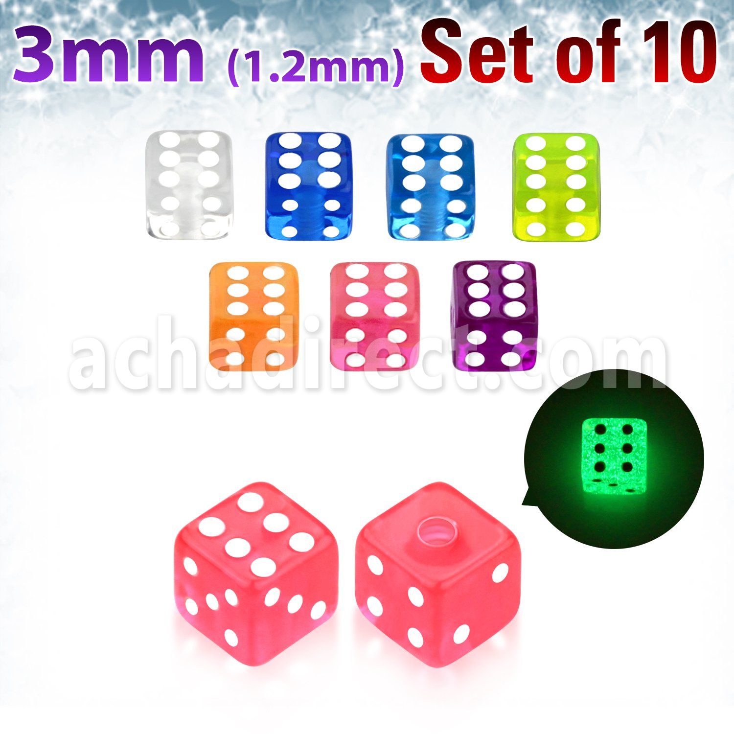 xgldi3 set of 10 pcs of 3mm glow in the dark acrylic dices