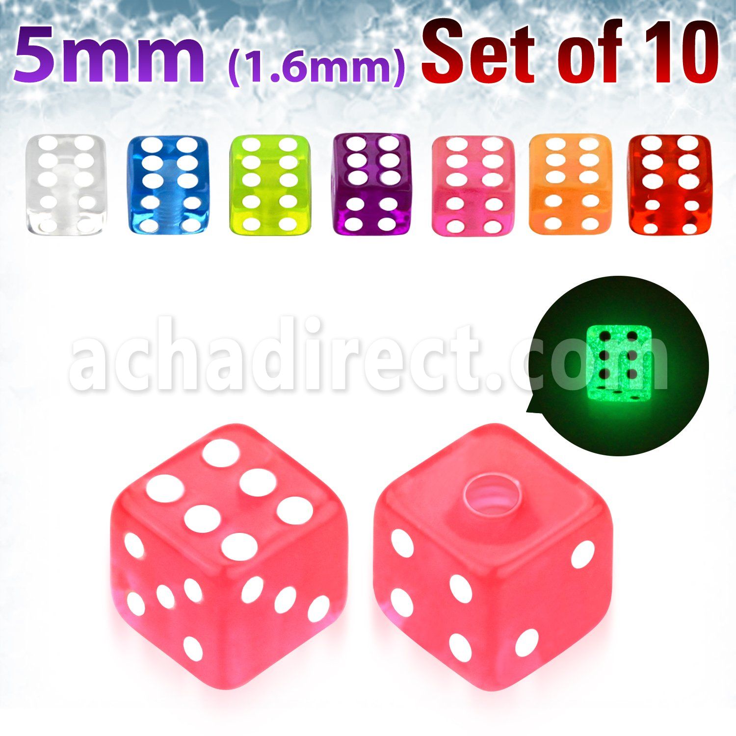 xgldi5 pack of 10 pcs of 5mm glow in the dark acrylic dice