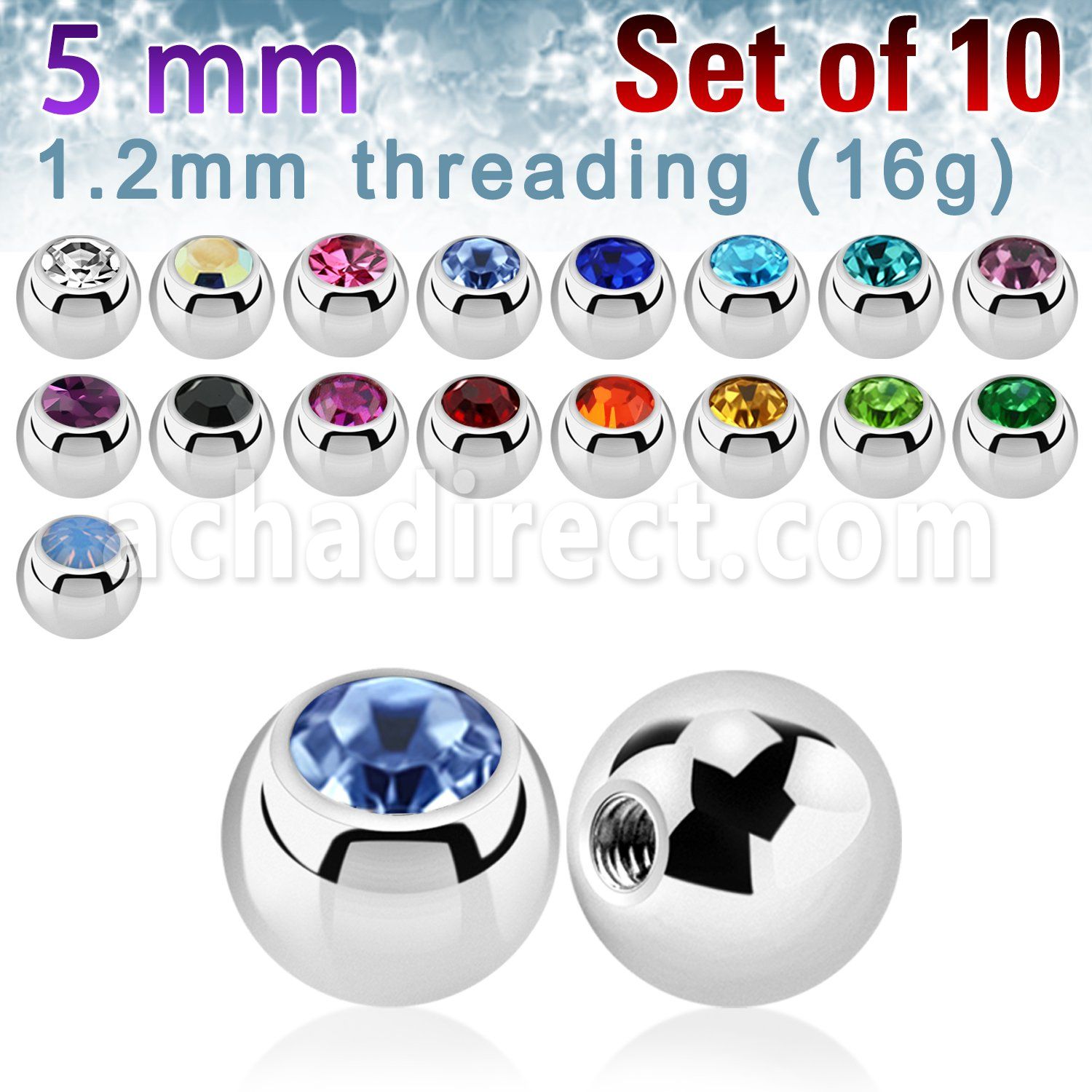 xjb5s pack of 10 pcs of 5mm 316l steel balls w bezel crystals