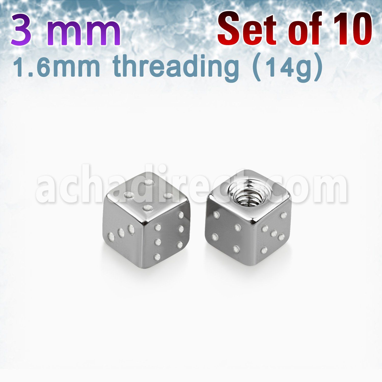 xsdi3g pack of 10 pcs of 3mm high polished 316l steel dices