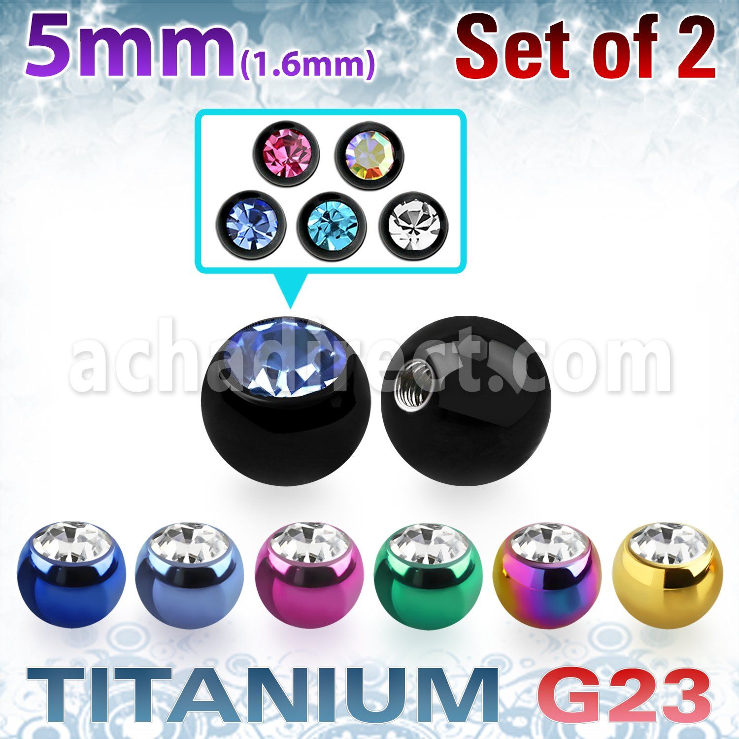 xujbt5g 5mm anodized g23 balls w bezel set crystals  1.6mm, 14g
