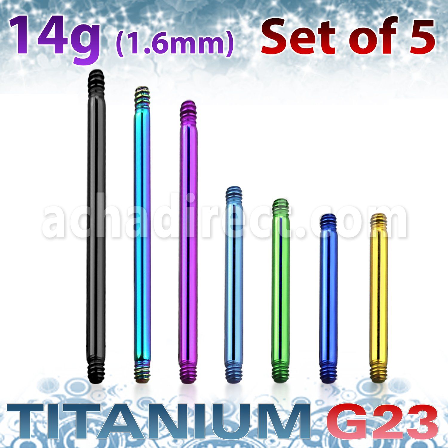 xutbb14 5mm anodized titanium g23 barbells post thread 1 6mm