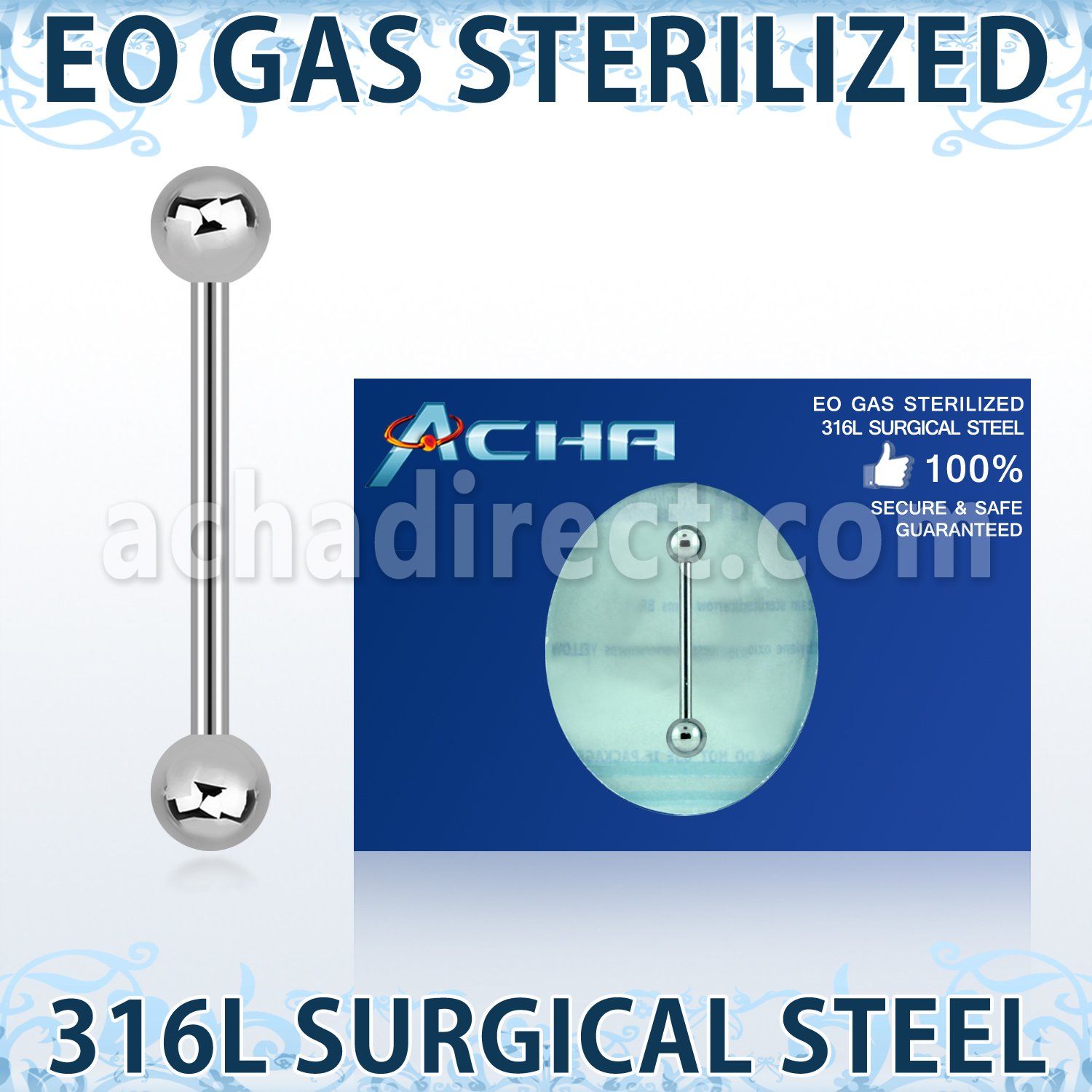 zbbs sterilized 316l steel tongue barbell with two 5mm balls