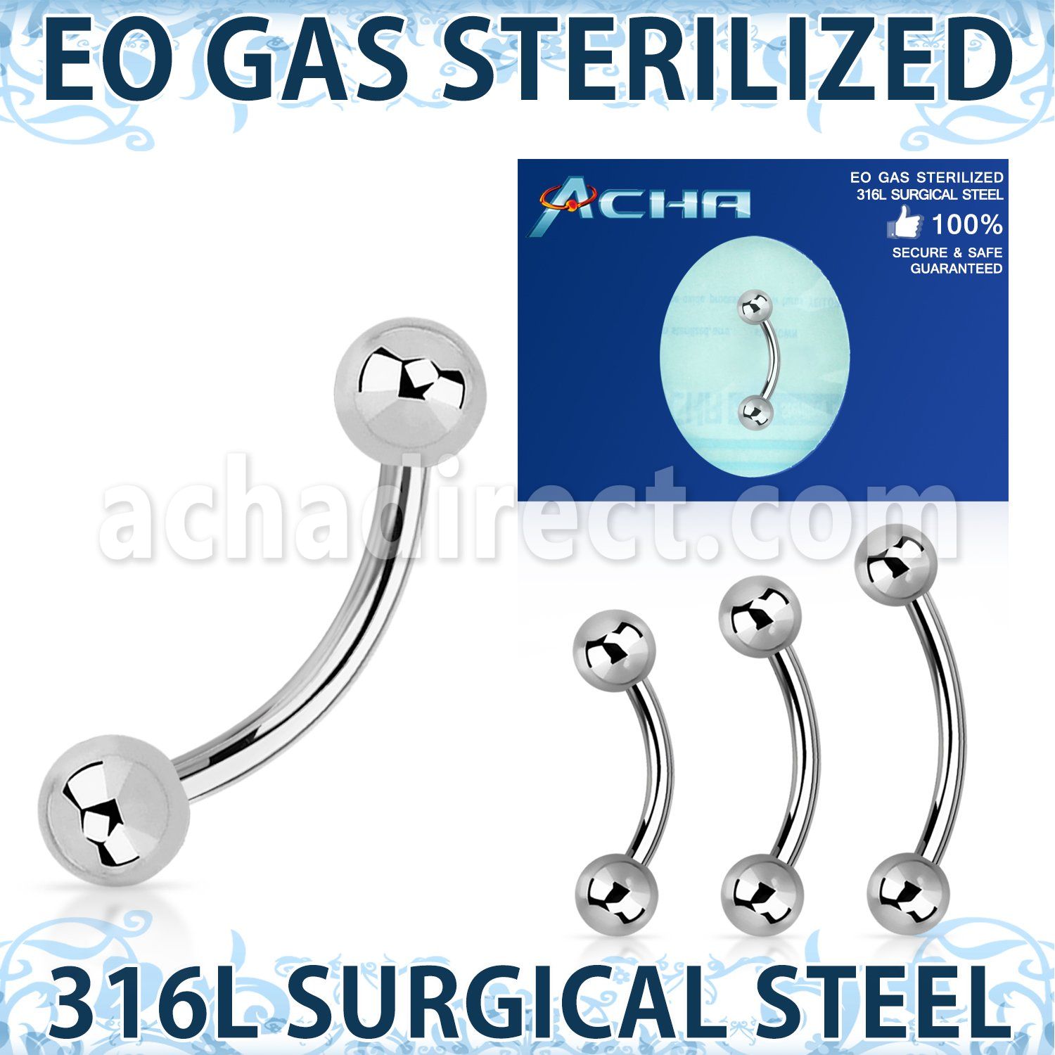 zbneb sterilized 316l steel eyebrow banana with two 3mm balls