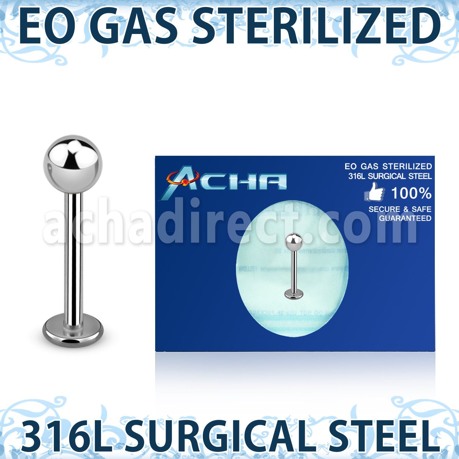 zlbb4s eo gas sterilized 316l steel labret 4mm ball
