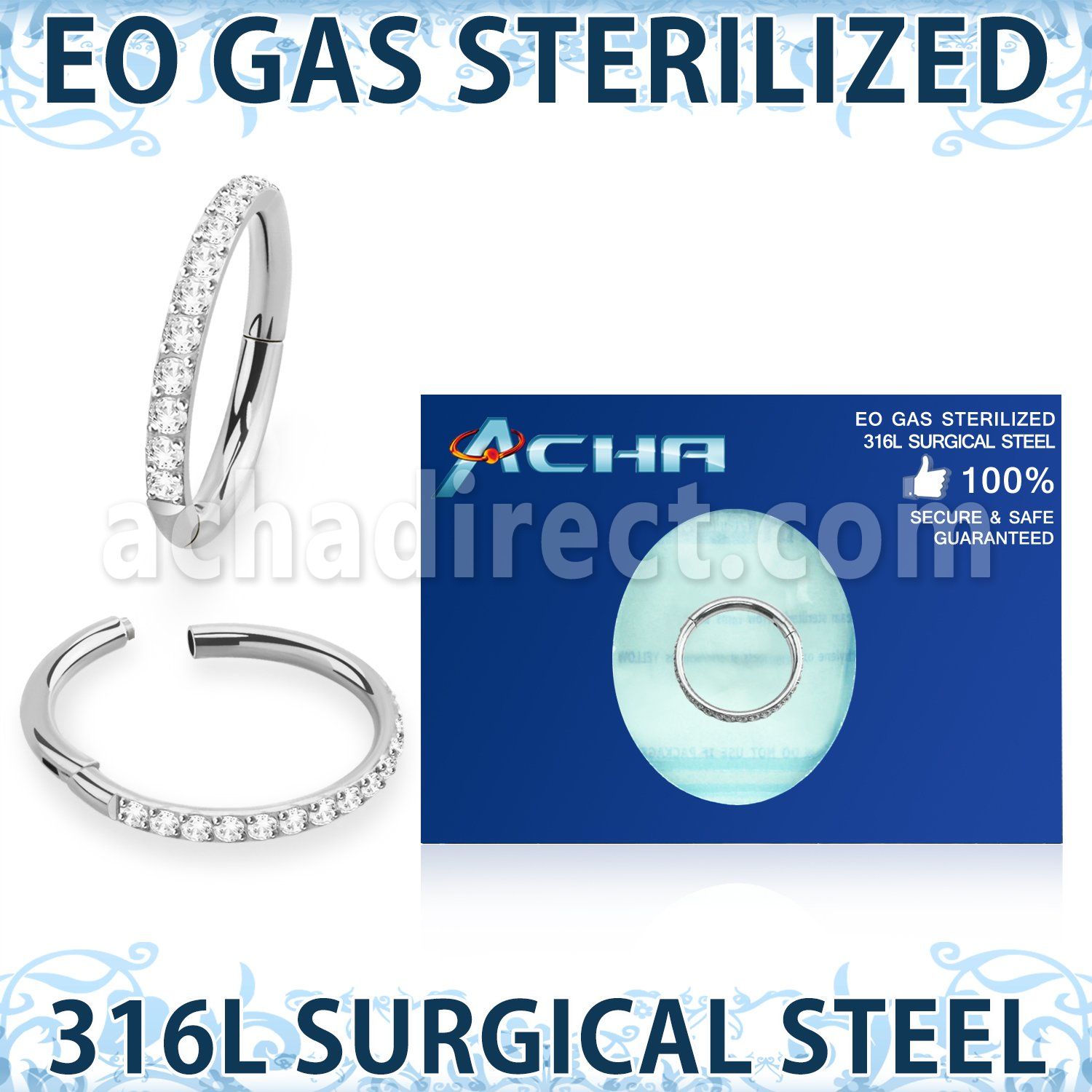 zsgsh10 sterilized steel hinged segment ring 16g cnc cz