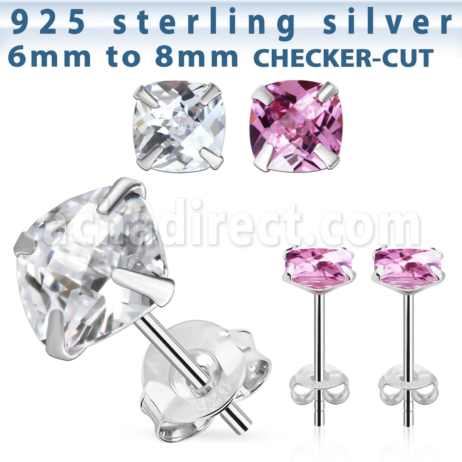 zsqfm pair of silver ear studs with square prong cz stones