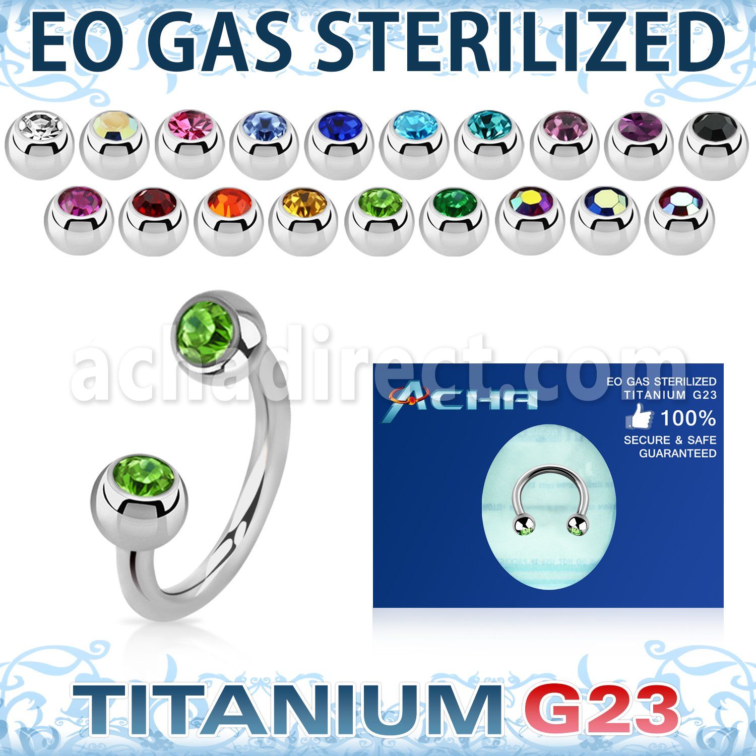 zucbe2c sterilized titanium g23 circular barbell jewel balls