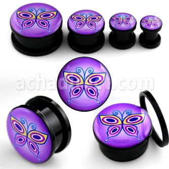 afpqq dilatacion plug tornillo acrilico negro logo mariposa psicodelica fondo purpura intenso mayorista