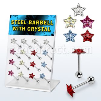 dacb34 display 24 barbells lengua acero quirurgico 7mm estrella multi cristal 16mm mayorista