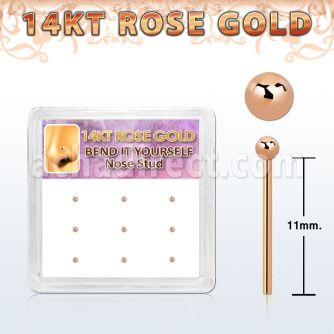 drys5 display box with 9 pieces of 14kt rose gold bend it yourself nose studs 22g 0.6mm with 1.5mm ball shaped tops al por mayor