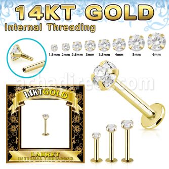 glbzi 14k gold labret prong set cz internal