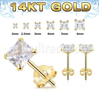 gzq one pair 14k gold ear studs square prong cz