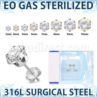 zerz sterilized steel ear studs prong set cz one pair