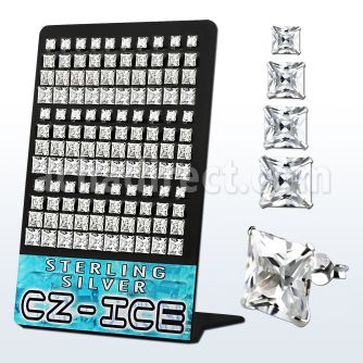 brzsqg silver earring stud with clear prong set square cz stone