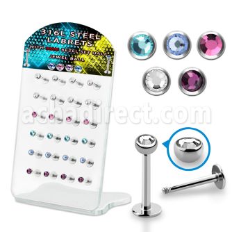 dacb172 display w 24 pcs. steel labrets w a 3mm half jewel ball