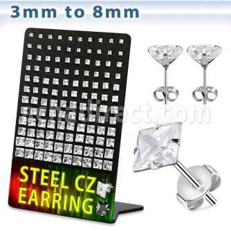 deqzg 316l steel ear stud w clear square prong cz stone