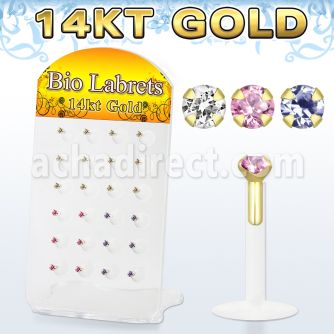 dgbizm bioflex labret with 14kt gold top with prong cz stone