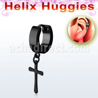 er268cb tiny black steel helix huggie w cross dangling