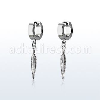 erh583 steel huggies earrings w dangling small feather