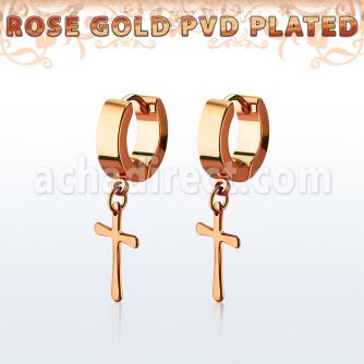 errcrs rose gold steel huggies earrings w dangling plain cross