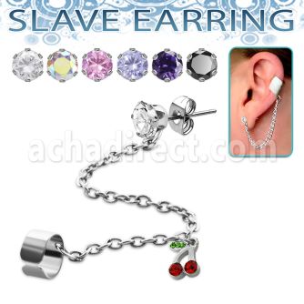 erzdld2 steel slave ear stud w prong cz w dangling cherry
