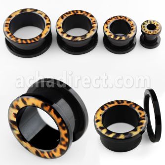 ftac black acrylic screw fit flesh tunnel with leopard fur