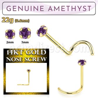 gscge1 14kt gold nose screw with a 2mm prong set amethyst stone