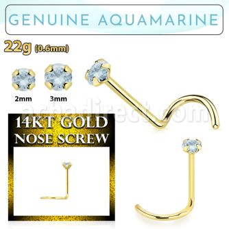 gscge8 14kt gold nose screw with 2mm prong set aquamarine