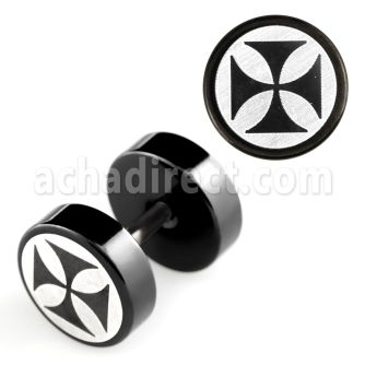 ipls3 black anodized steel fake plug w laser edged cross logo
