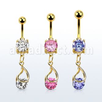 mdgz416 gold cz belly banana w dangling snap fit round cz 