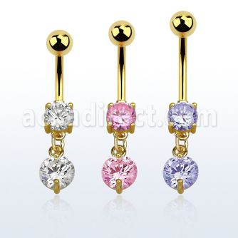 mdgz519 gold anodized belly banana w a dangling 8mm round cz