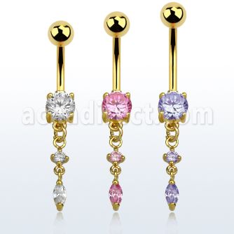 mdgz522 gold anodized belly banana w a dangling oval shaped cz