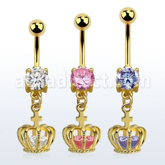 mdgz590 gold steel belly banana w cz dangling crown w cz