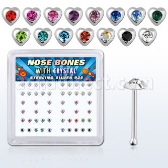 nbhrbxm silver nose bones w heart with assorted center crystal