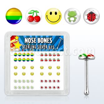 nblgx5 box of silver nose bones with assorted cute logo styles