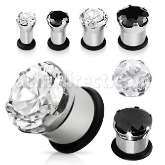 pgz 316l steel single flared plug with prong set black cz