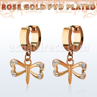 rose gold steel earring w dangling small dragonfly