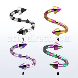 spemtn striped pvd 316l steel eyebrow spiral with 3mm cones