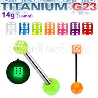 ubbgld titanium g23 barbell tongue bar with acrylic glow dice