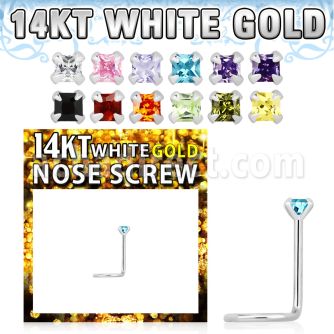 wszqc1 14kt white gold nose screw, w 2mm square cz stone