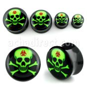 apgxx dilatacion plug doble flare acrilico negro calavera verde toxica huesos cruzados rojo fondo negro distribuidor mayorista