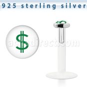 bilg14 labret bio flexible transparente plata esterlina presion 3mm logo dolar verde fondo blanco al por mayor