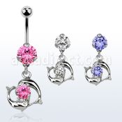 bnrz15 piercing ombligo acero quirurgico zirconia 8mm colgante pareja delfines nadando alrededor zirconia redonda 38 10mm distribuidor mayorista