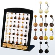brbngw1 display 24 piercings ombligo organicos barras 316l bolas maderas 5 8mm 10mm al por mayor