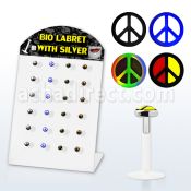 brlbi24 display 24 labrets transparentes bio flexibles plata esterlina presion 3mm logos variados paz 8mm al por mayor