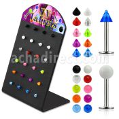 brlbuv3 display 24 labrets variados acero 316l bolas conos acrilico uv 3mm 8mm distribuidor mayorista