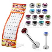 brmlb15 display 40 labret acero 316l bola media joya 3mm cristal bisel 8mm mayorista
