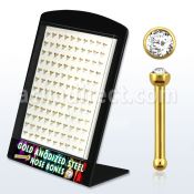 brnbts1 display 120 piercing nariz hueso acero quirurgico anodizado dorado 1mm cristal claro 2mm distribuidor mayorista