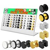 dacb133 display acrilico 72 plugs falsos acero quirurgico brillo espejo anodizado negro dorado lados redondos cuadrados distribuidor